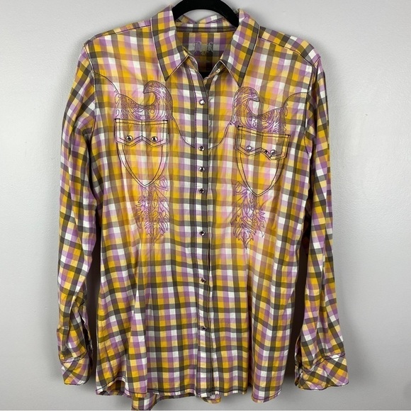 Wrangler Rock 47 Woven Sunbleach Plaid Snap Down Shirt Large Yellow Lilac - Picture 2 of 15